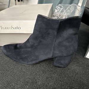 Navy suede ankle boot. Side zip. Comfy. Like new.